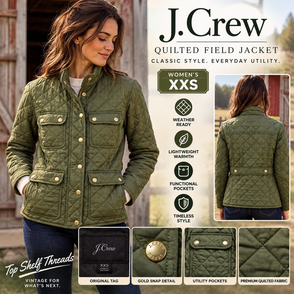 J.Crew Women XXS Olive Green Quilted Downtown Field Jacket Gold Snap Equestrian